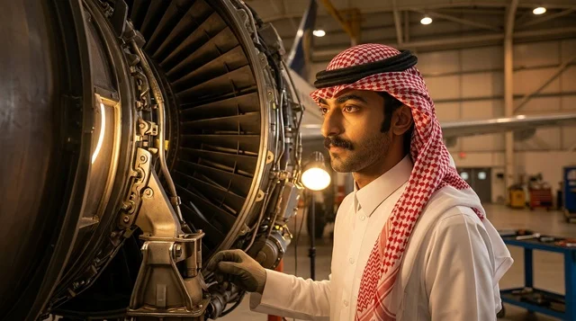 مهندس طيران سعودي يرتدي الزي التقليدي يفحص محرك طائرة