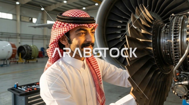 مهندس طيران سعودي يفحص توربين محرك نفاث في الحظيرة
