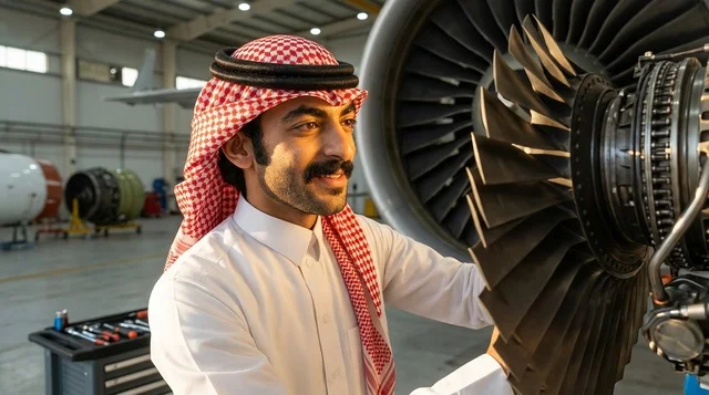 مهندس طيران سعودي يفحص توربين محرك نفاث في الحظيرة