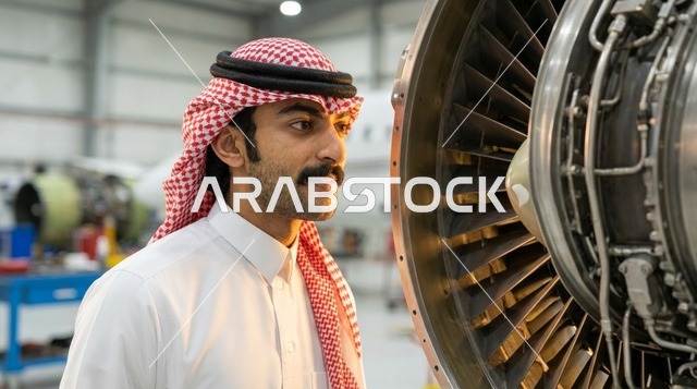 مهندس طيران سعودي يفحص محرك طائرة نفاثة في الحظيرة