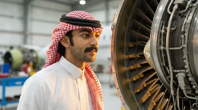 مهندس طيران سعودي يفحص محرك طائرة نفاثة في الحظيرة