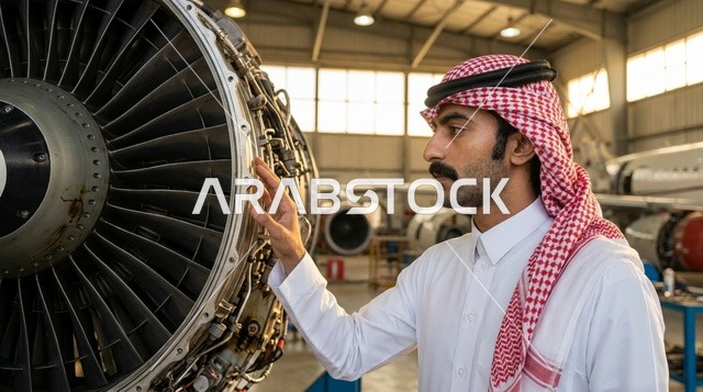 مهندس طيران سعودي بالزي التقليدي يفحص محرك طائرة نفاثة