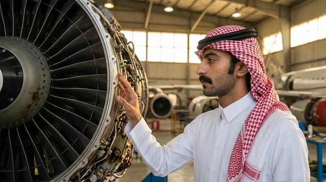 مهندس طيران سعودي بالزي التقليدي يفحص محرك طائرة نفاثة
