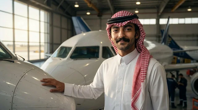 رجل سعودي بالزي التقليدي في حظيرة طائرات الركاب