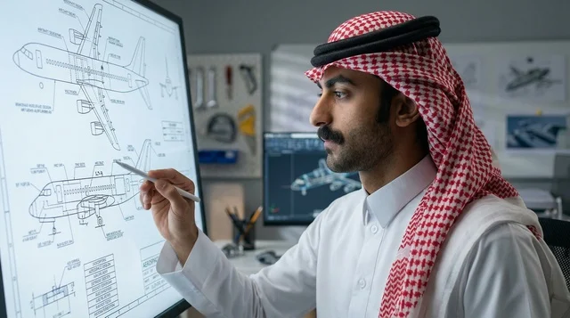 Saudi Aviation Engineer Designing Aircraft on Digital Screen