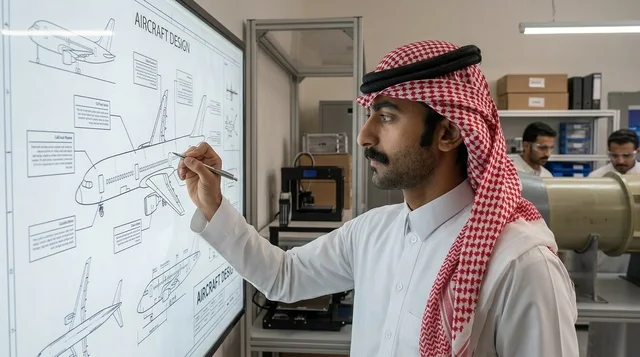 مهندس طيران سعودي بالزي التقليدي يصمم طائرات بمختبر
