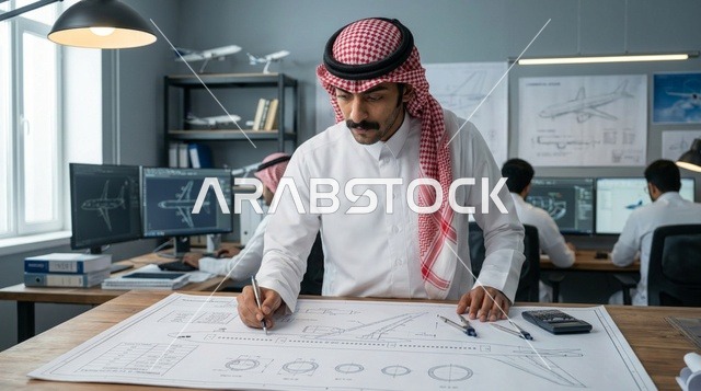 مهندس سعودي يعمل على مخطط هندسي فني داخل المكتب