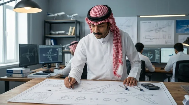 مهندس سعودي يعمل على مخطط هندسي فني داخل المكتب