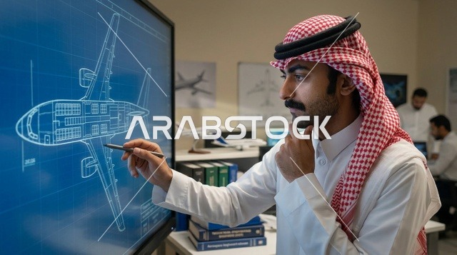 مهندس طيران سعودي مع جهاز لوحي في حظيرة الطائرات