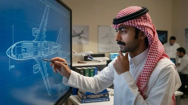 مهندس طيران سعودي مع جهاز لوحي في حظيرة الطائرات