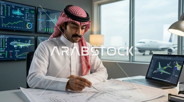 مهندس طيران سعودي يصمم طائرة داخل مكتب حديث بمطار