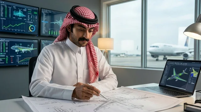 مهندس طيران سعودي يصمم طائرة داخل مكتب حديث بمطار