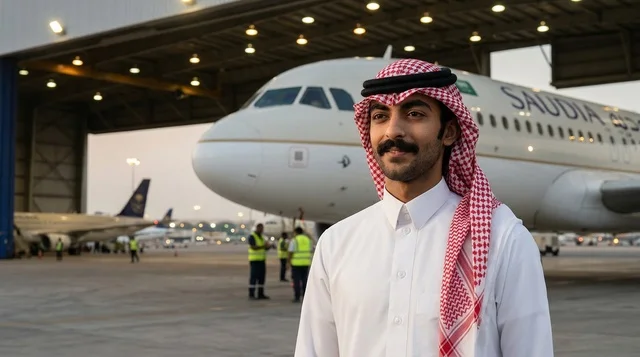 رجل سعودي بالزي التقليدي في حظيرة المطار بجانب طائرة ركاب