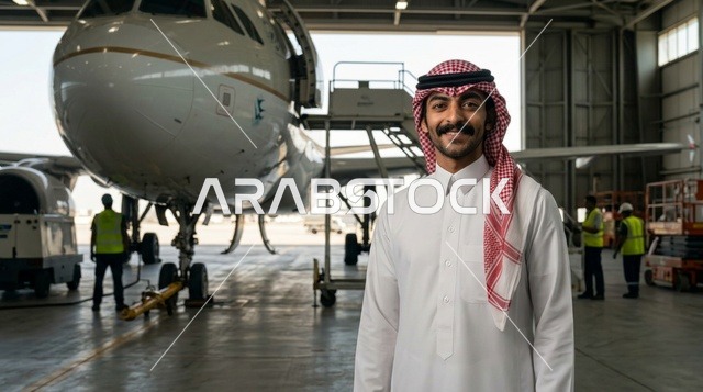رجل سعودي بالزي التقليدي في حظيرة صيانة الطائرات
