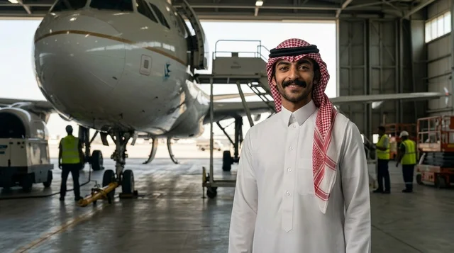 رجل سعودي بالزي التقليدي في حظيرة صيانة الطائرات