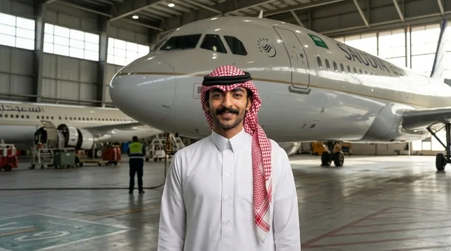رجل سعودي بالزي التقليدي داخل حظيرة صيانة طائرات