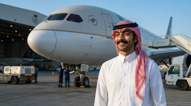 رجل سعودي يقف في مدرج المطار بجانب طائرة ركاب