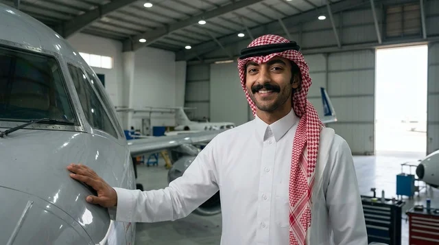 رجل سعودي بالزي التقليدي الوطني داخل حظيرة الطائرات