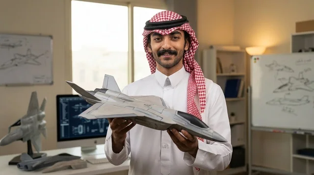 مهندس طيران سعودي مع جهاز لوحي في حظيرة الطائرات