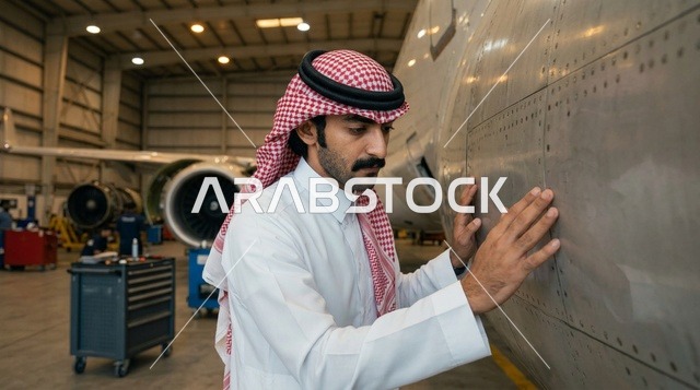 مهندس طيران سعودي بالزي التقليدي يفحص هيكل طائرة
