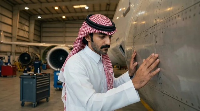 مهندس طيران سعودي بالزي التقليدي يفحص هيكل طائرة