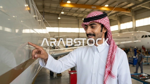 رجل سعودي يتفقد طائرة خاصة داخل حظيرة الطيران