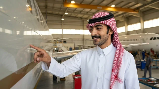 رجل سعودي يتفقد طائرة خاصة داخل حظيرة الطيران