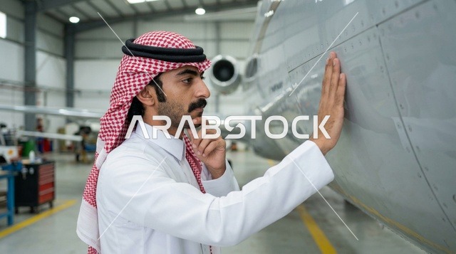 مهندس طيران عربي يتفحص طائرة داخل حظيرة الصيانة