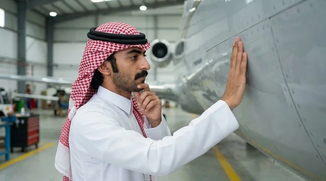 مهندس طيران عربي يتفحص طائرة داخل حظيرة الصيانة