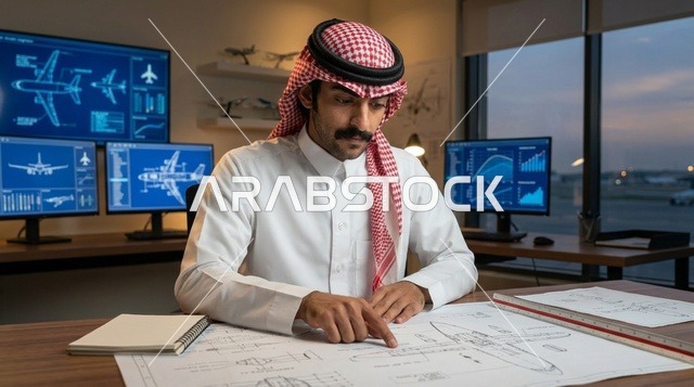 مهندس طيران عربي يدرس مخططات الطائرات في مكتبه الحديث