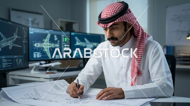 مهندس طيران سعودي يراجع مخططات تصميم الطائرات في مكتبه