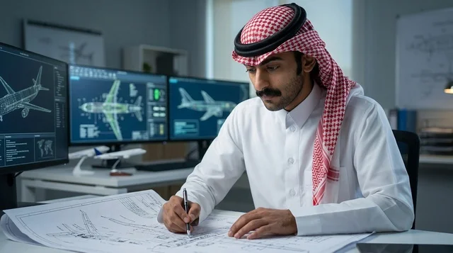 مهندس طيران سعودي يراجع مخططات تصميم الطائرات في مكتبه
