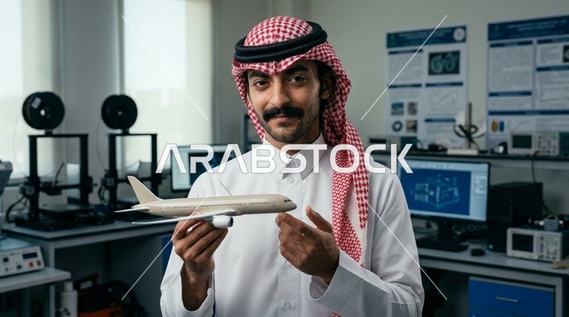 مهندس سعودي يحمل نموذج طائرة ثلاثي الأبعاد في المختبر