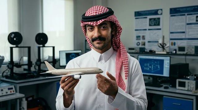 Saudi Engineer Holding 3D Printed Airplane Model in Lab