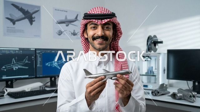 مهندس سعودي يمسك نموذج طائرة ثلاثي الأبعاد في المختبر
