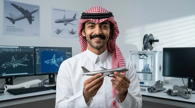 مهندس سعودي يمسك نموذج طائرة ثلاثي الأبعاد في المختبر