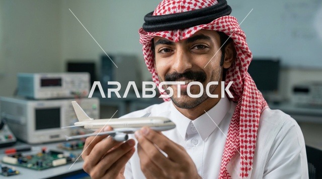 مهندس سعودي يحمل مجسم طائرة في المختبر