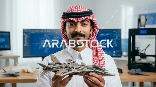 مهندس سعودي يمسك نموذج طائرة مطبوعة ثلاثية الأبعاد