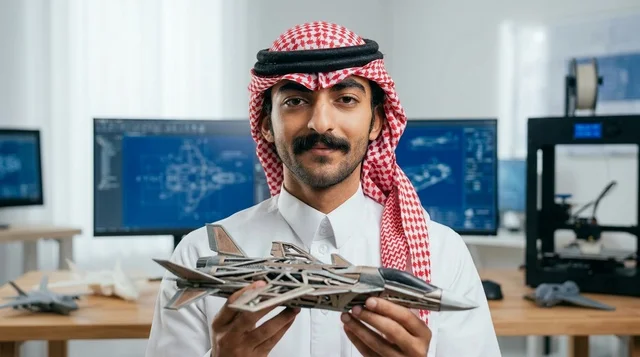 Saudi Engineer Holding 3D Printed Jet Model in Lab