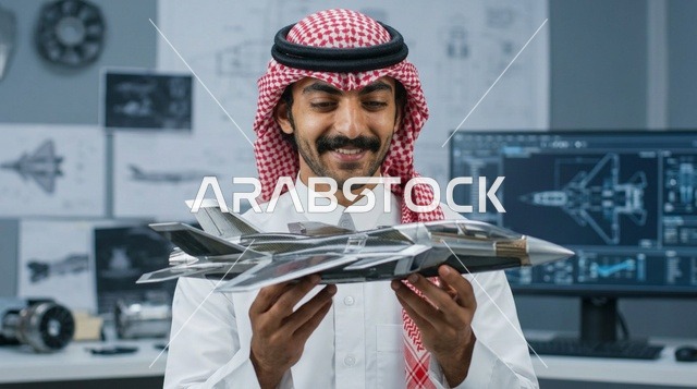 مهندس طيران سعودي يمسك نموذج طائرة مقاتلة في مكتبه