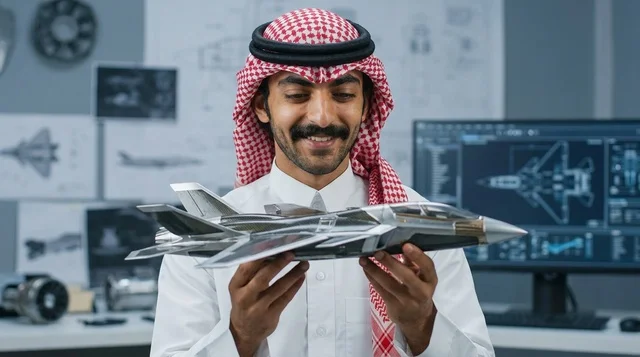 مهندس طيران سعودي يمسك نموذج طائرة مقاتلة في مكتبه