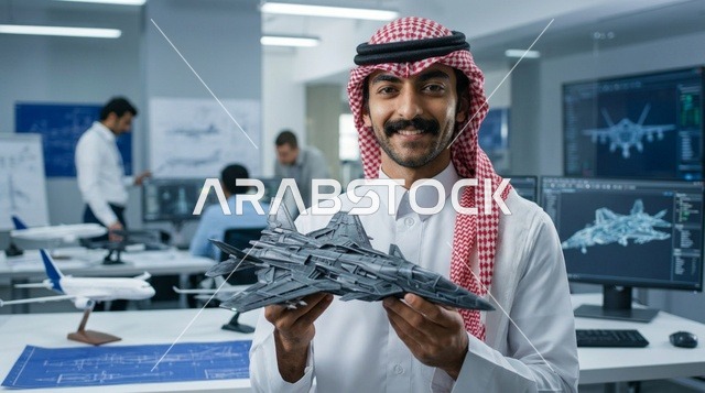 مهندس طيران سعودي يحمل نموذج طائرة مقاتلة في المختبر