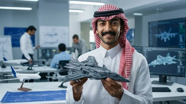 مهندس طيران سعودي يحمل نموذج طائرة مقاتلة في المختبر