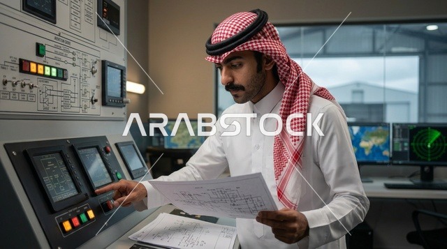 Saudi Aircraft Engineer with Tablet in Airport Hangar