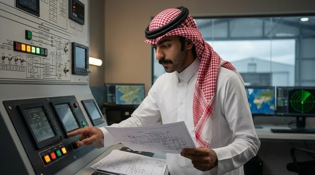مهندس طيران سعودي مع جهاز لوحي في حظيرة الطائرات