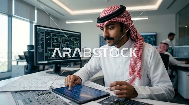 مهندس سعودي يعمل على شاشة جهاز لوحي في غرفة التحكم