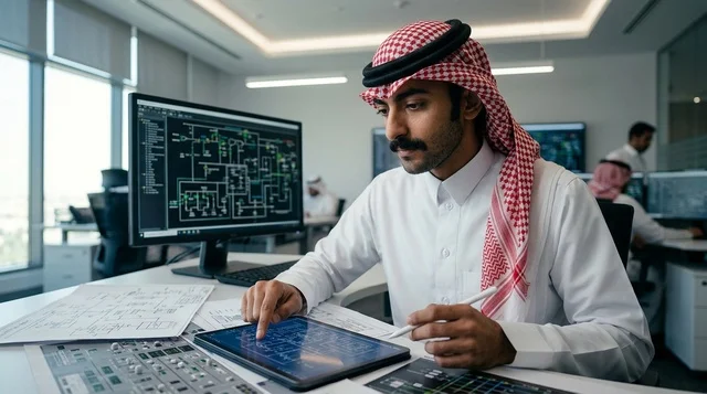 مهندس سعودي يعمل على شاشة جهاز لوحي في غرفة التحكم