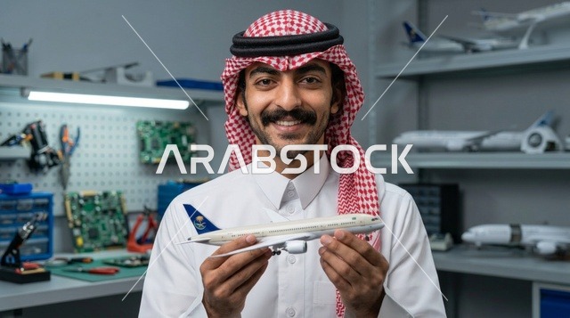 رجل سعودي يبتسم ويحمل مجسم طائرة داخل ورشة عمل هندسية