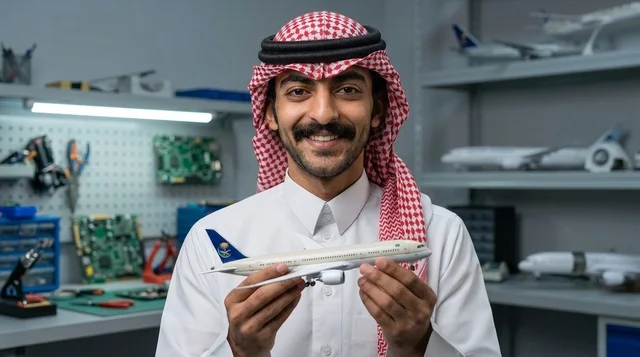Saudi Man Holding Model Airplane in Engineering Workshop