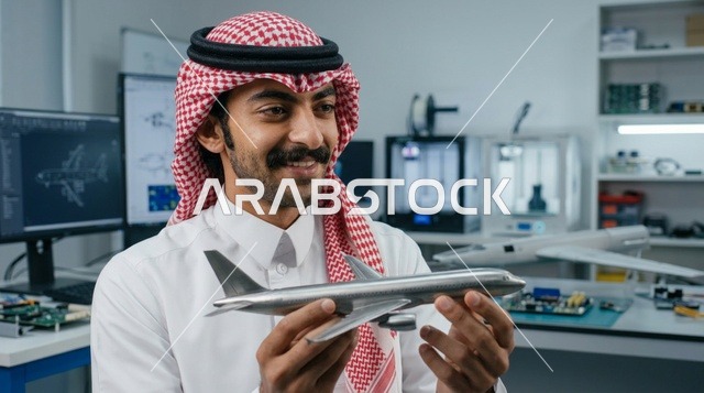 مهندس طيران سعودي يحمل مجسم طائرة في مختبر تقني